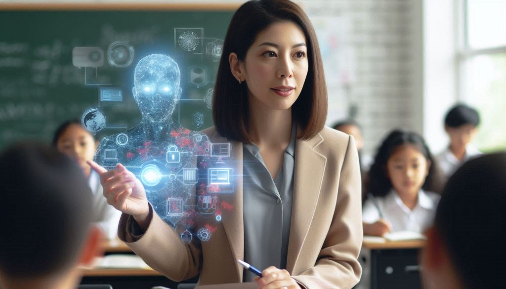 Una maestra presentando un concepto tecnológico en clase, con un holograma de una figura humana y símbolos digitales en el aire, mientras los estudiantes la miran.