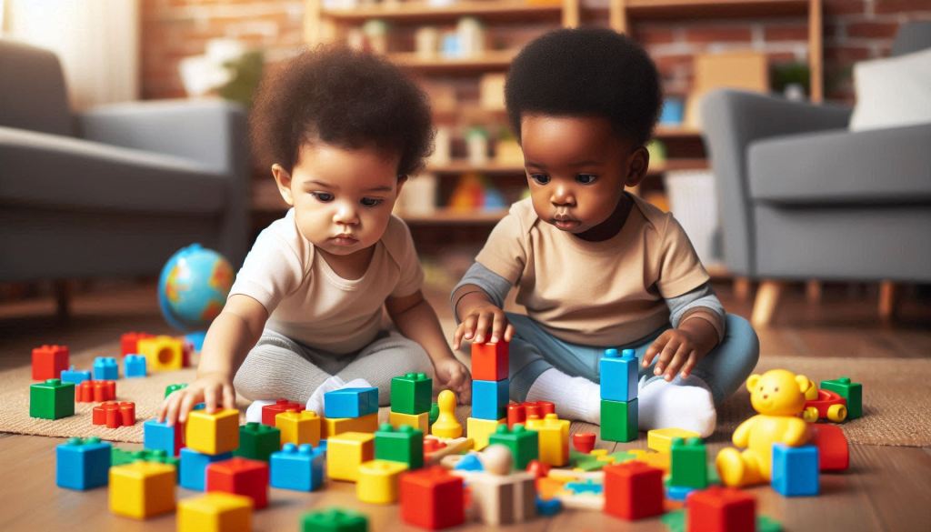 Dos bebés jugando en el suelo con bloques de colores en un ambiente acogedor.