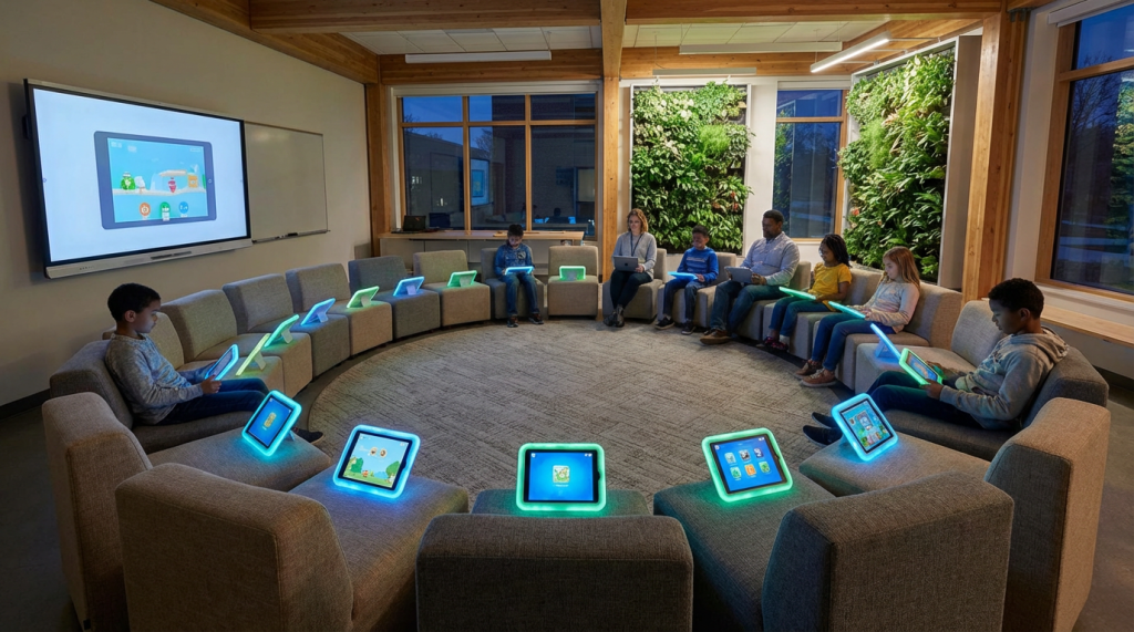 Children and adults sitting in a circle using glowing tablets in a modern classroom.
