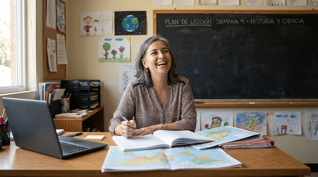 Teacher laughing at desk with 'PLAN DE LECCIÓN: SEMANA 4 - HISTORIA Y CIENCIA' on blackboard.