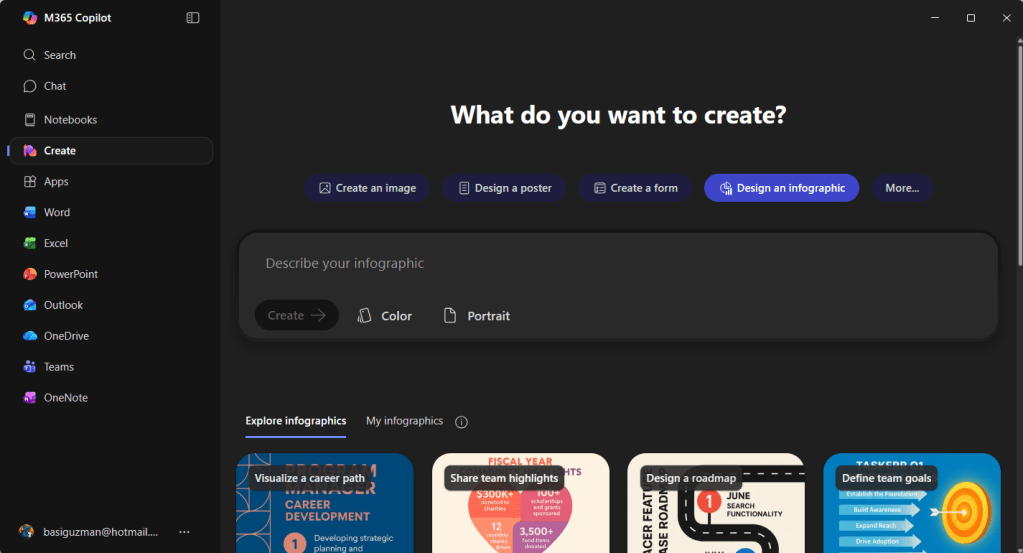 Interfaz de la aplicación M365 Copilot con opciones para crear infografías, imágenes, carteles y formularios, en un fondo oscuro.