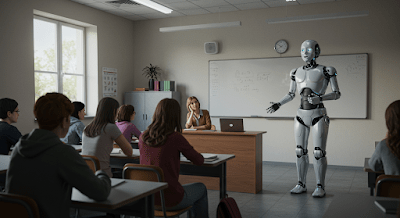 Clase en un aula donde un robot humanoide está de pie frente a estudiantes sentados, mientras una maestra observa desde su escritorio.
