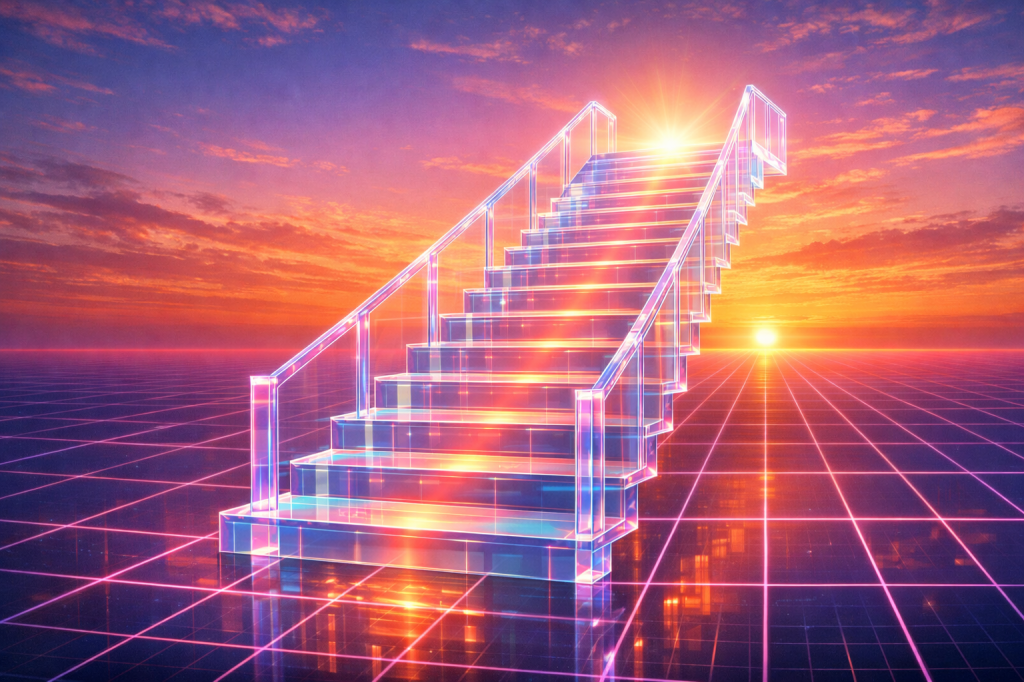 Translucent glowing staircase leading upward with a sunset and grid pattern background
