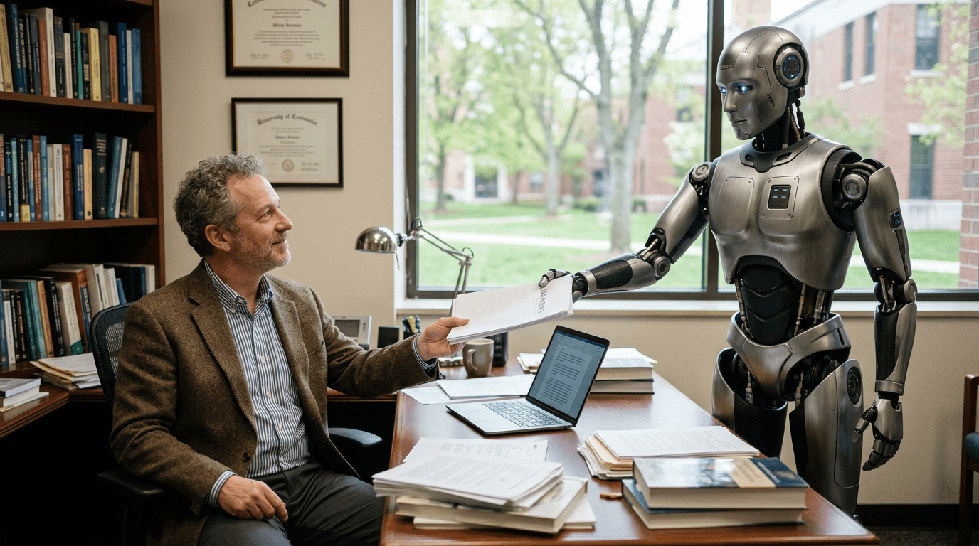 Professor sitting at desk receiving documents from humanoid robot assistant