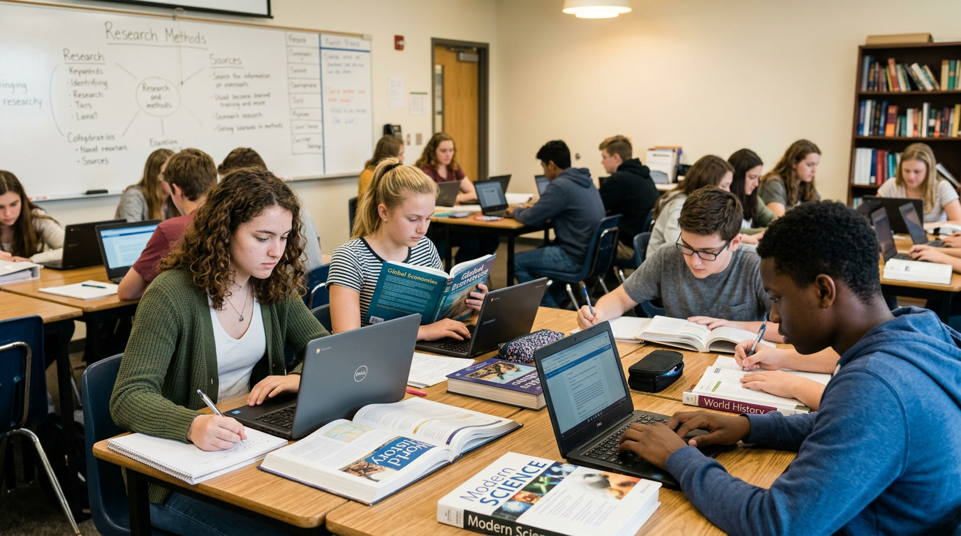 High school students studying at desks with laptops and textbooks