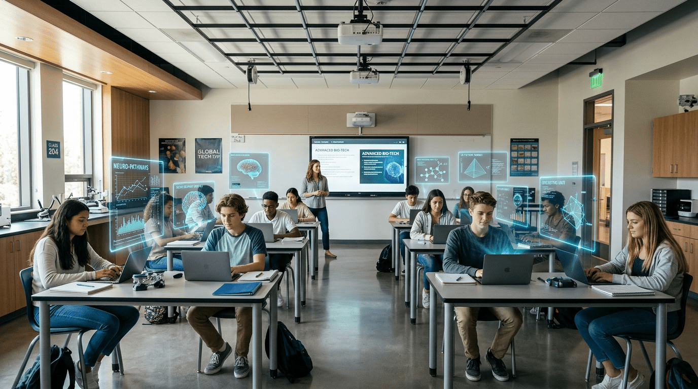 Classroom of students using laptops with biotech holographic graphics and teacher presenting