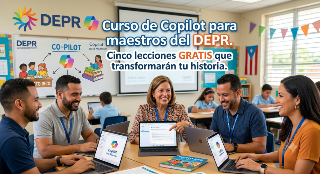 Grupo de maestros participando en un curso sobre Copilot en un aula del DEPR, con laptops abiertas y material didáctico en la pizarra.